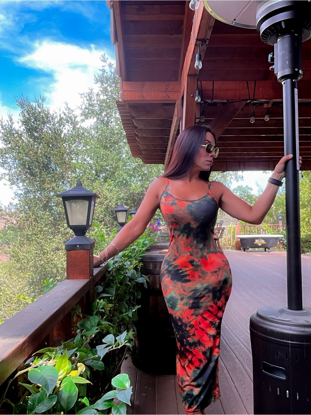 Women’s Red & Black Tie-Dye Bodycon Midi Dress